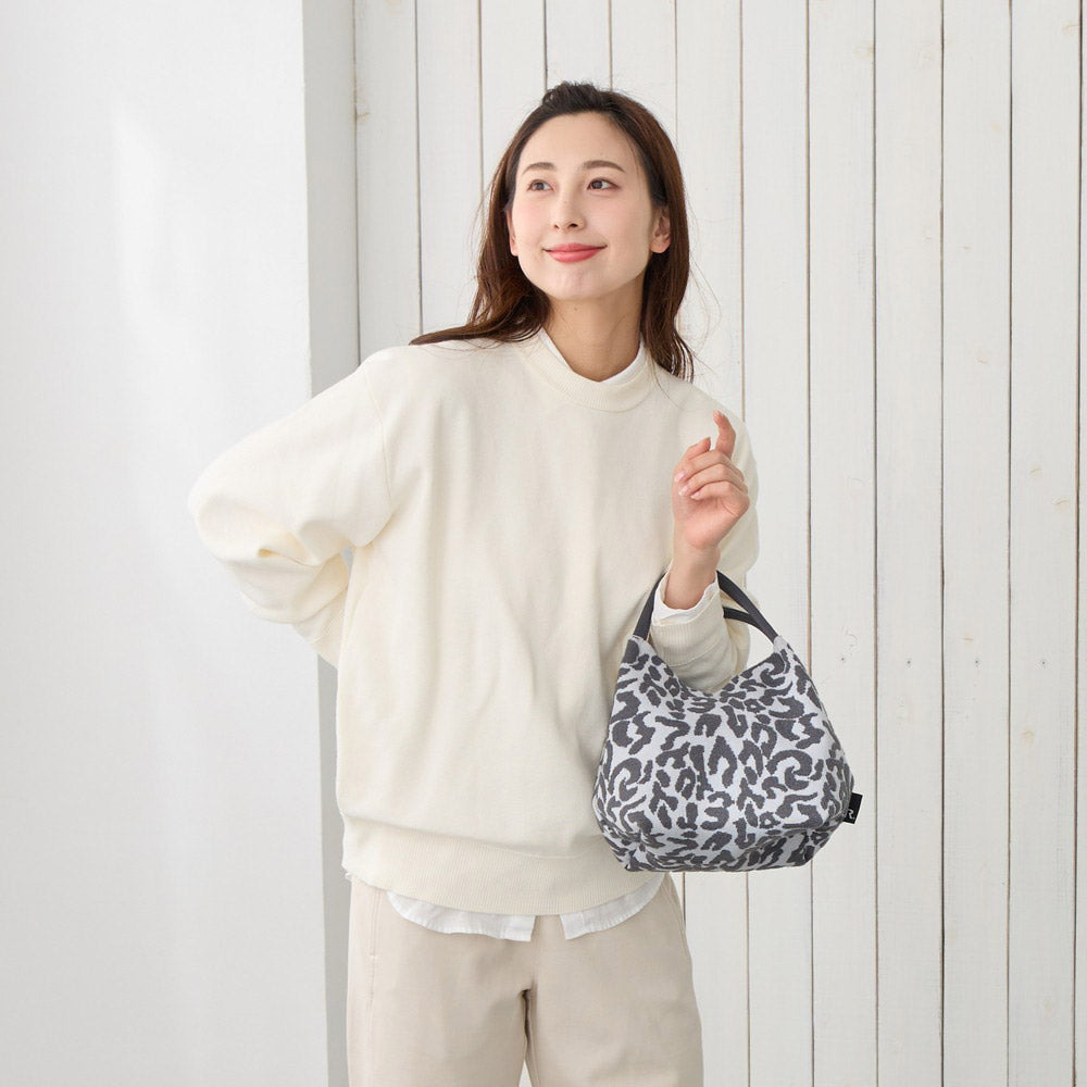 ミニトートバッグ レオパード柄 ヒョウ柄 ニット 軽量 自立 手洗い可